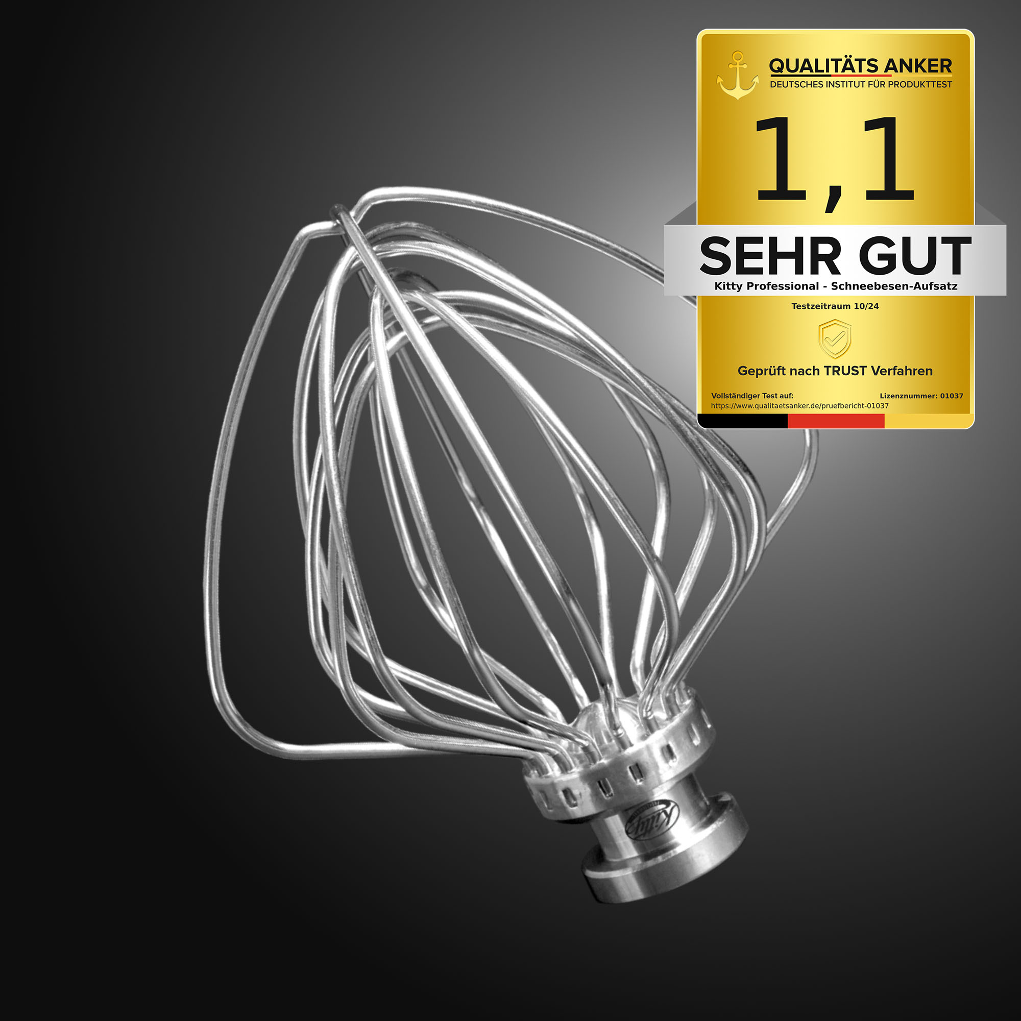 Ein Mixeraufsatz mit einem Qualitätszertifizierungsaufkleber.