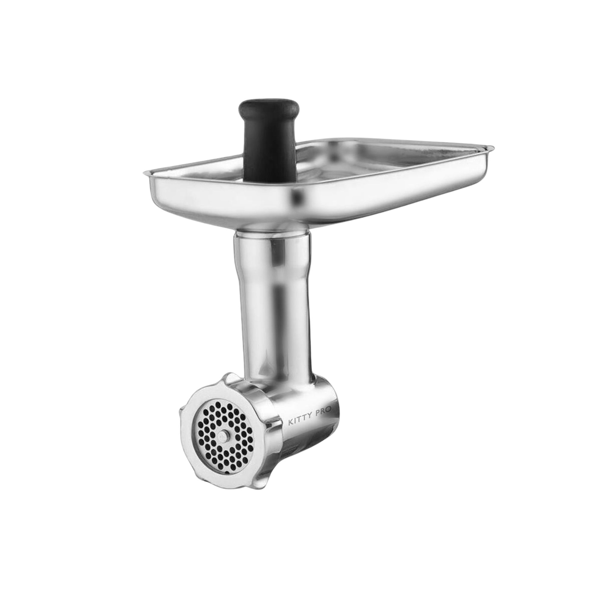 Ein Fleischwolf-Aufsatz aus Edelstahl für einen Mixer.