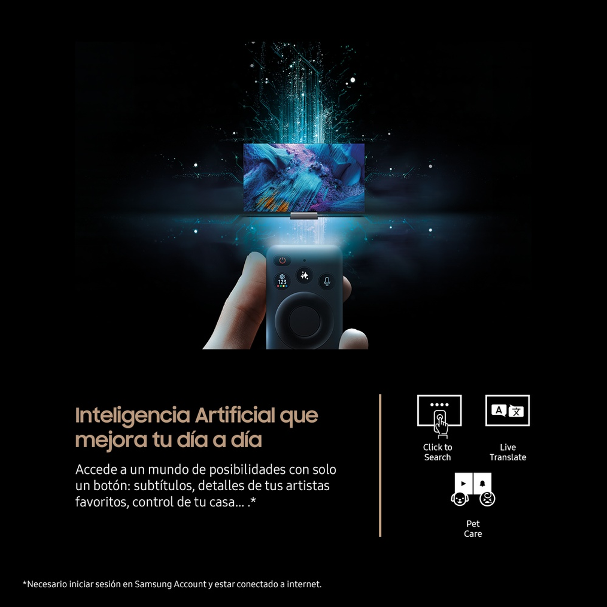 Dłoń trzymająca pilota przed ekranem telewizora. Pokazuje funkcje AI i opcje tłumaczenia.