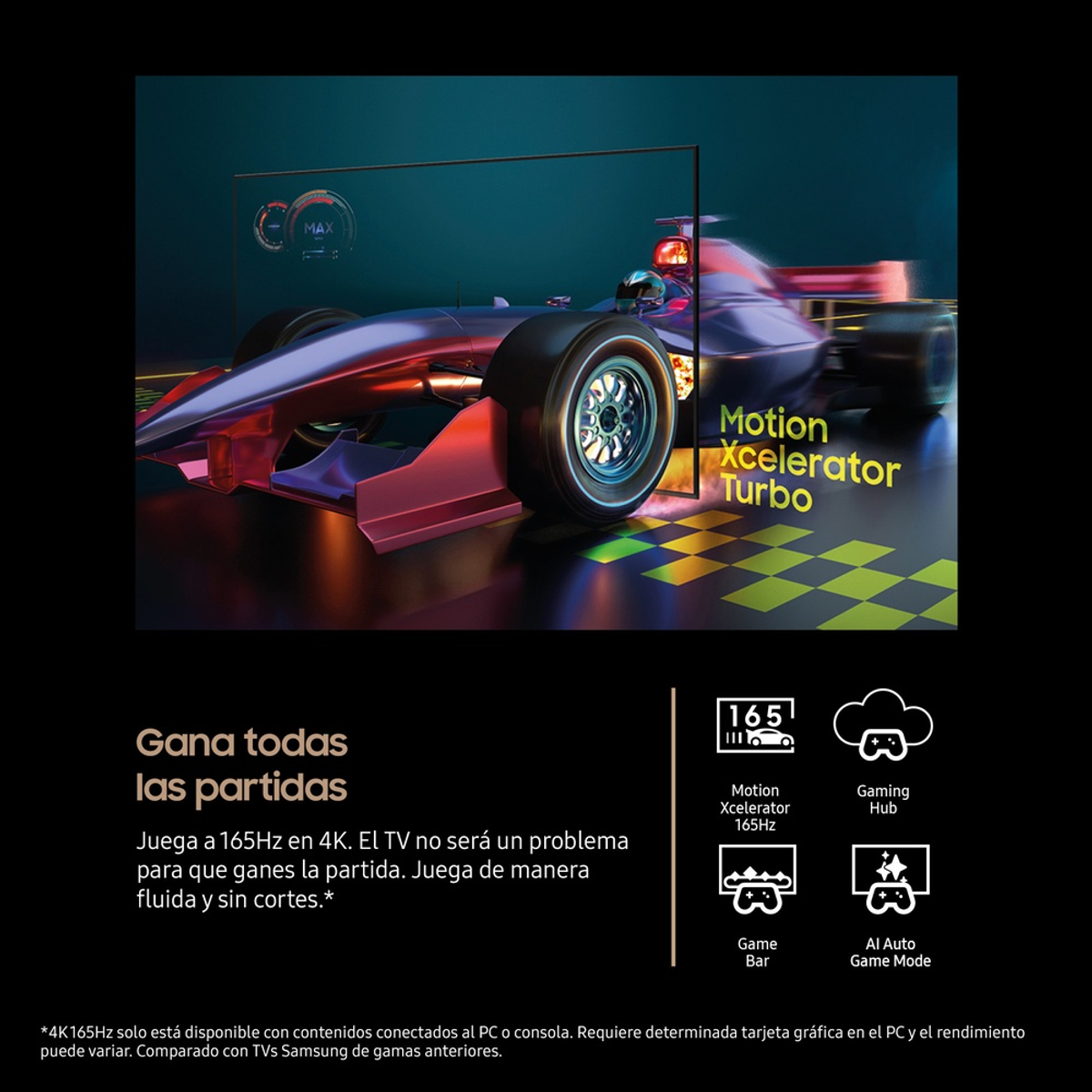 Ekran telewizora wyświetlający scenę wyścigu samochodowego z tekstem o funkcjach gier i grafiką.