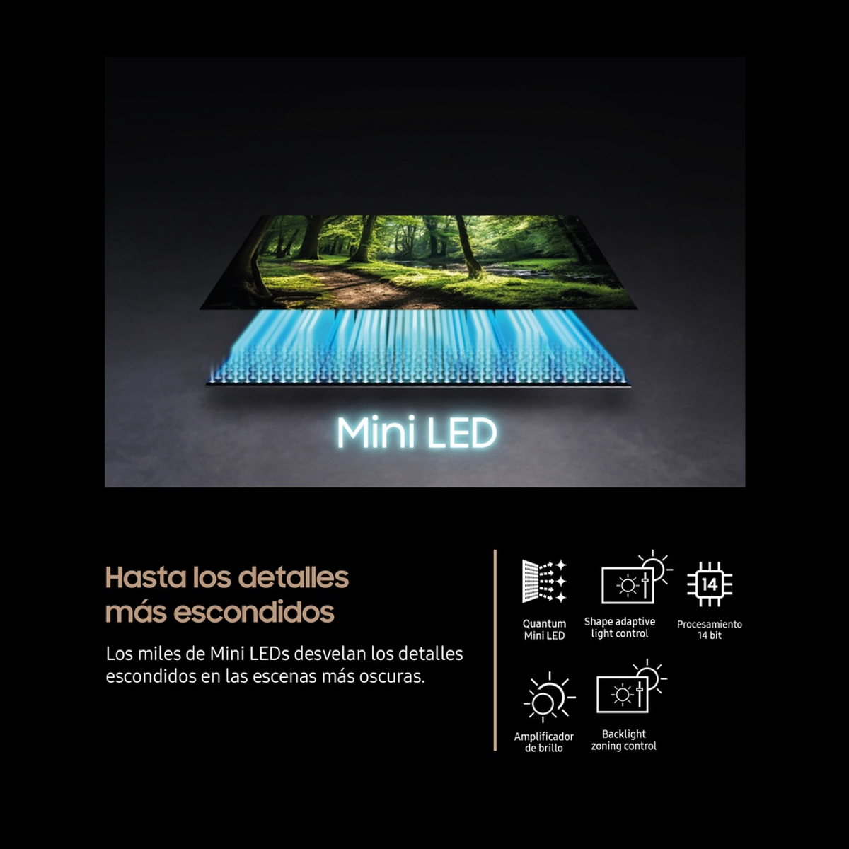 Wyświetlacz Mini LED ze sceną leśną, pokazujący szczegóły i informacje techniczne.