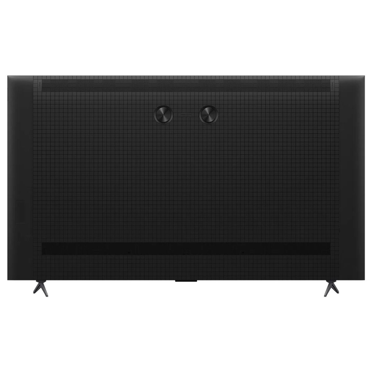 Tył czarnego telewizora. Posiada wzór kratki, dwa okrągłe przyciski i podstawę. Białe tło.