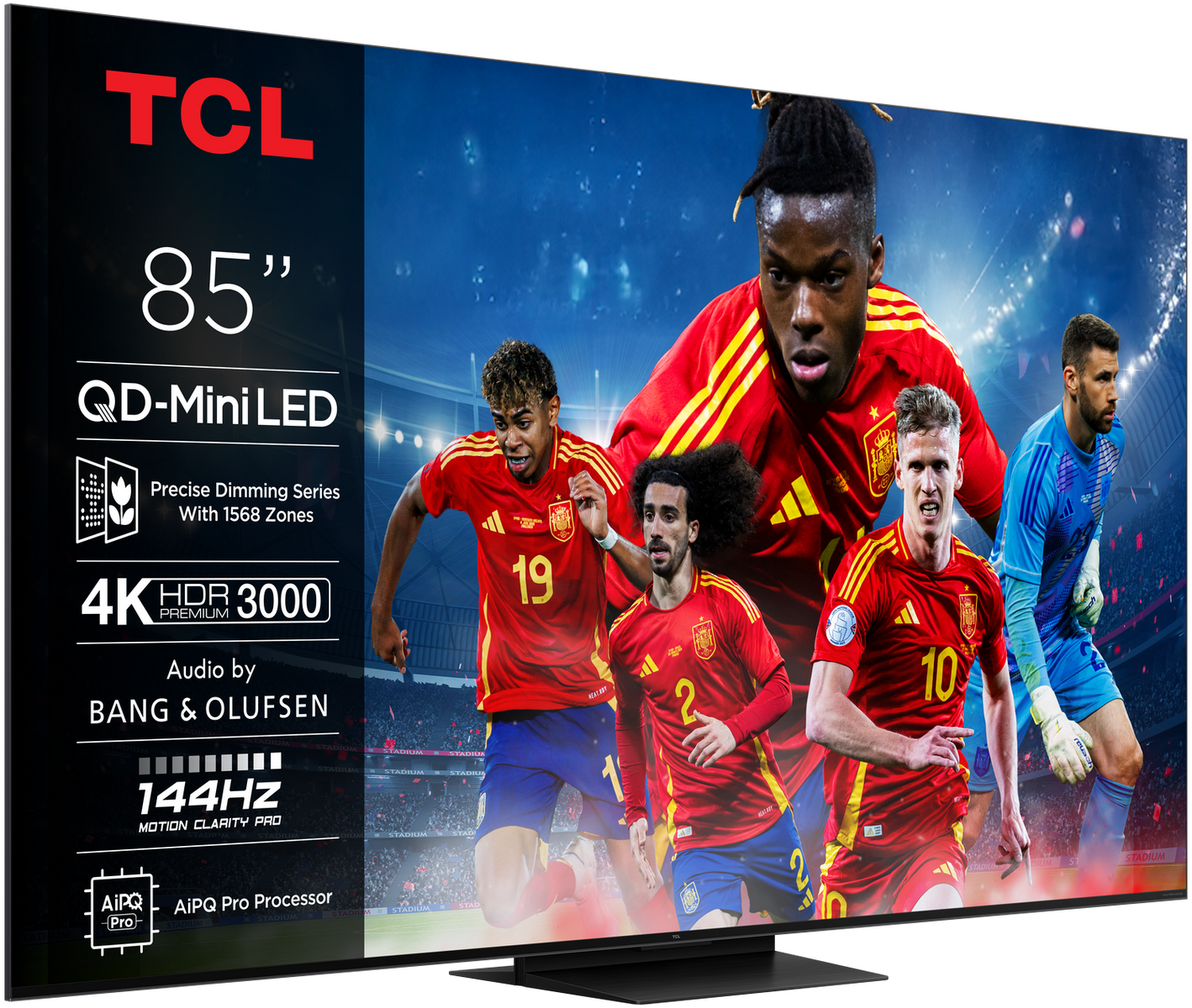 Telewizor TCL 85 cali, mecz piłki nożnej. Funkcje: 4K HDR 3000 i 144Hz.
