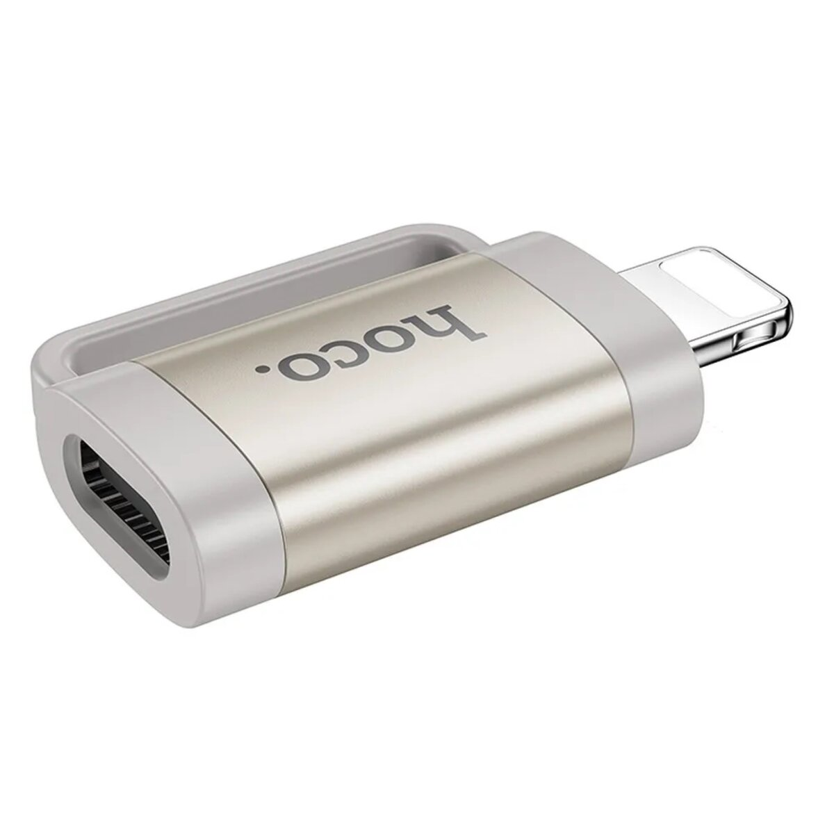 Silberner und grauer USB-C-auf-Lightning-Adapter mit dem Markennamen 'hoco.'.