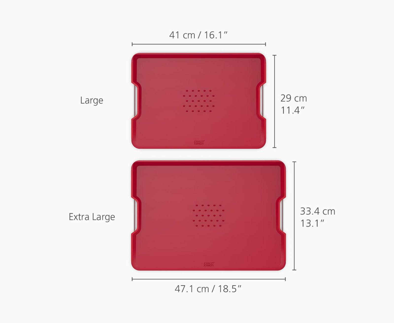 Una tabla de cortar roja con dimensiones, mostrando tamaños grande y extra grande.