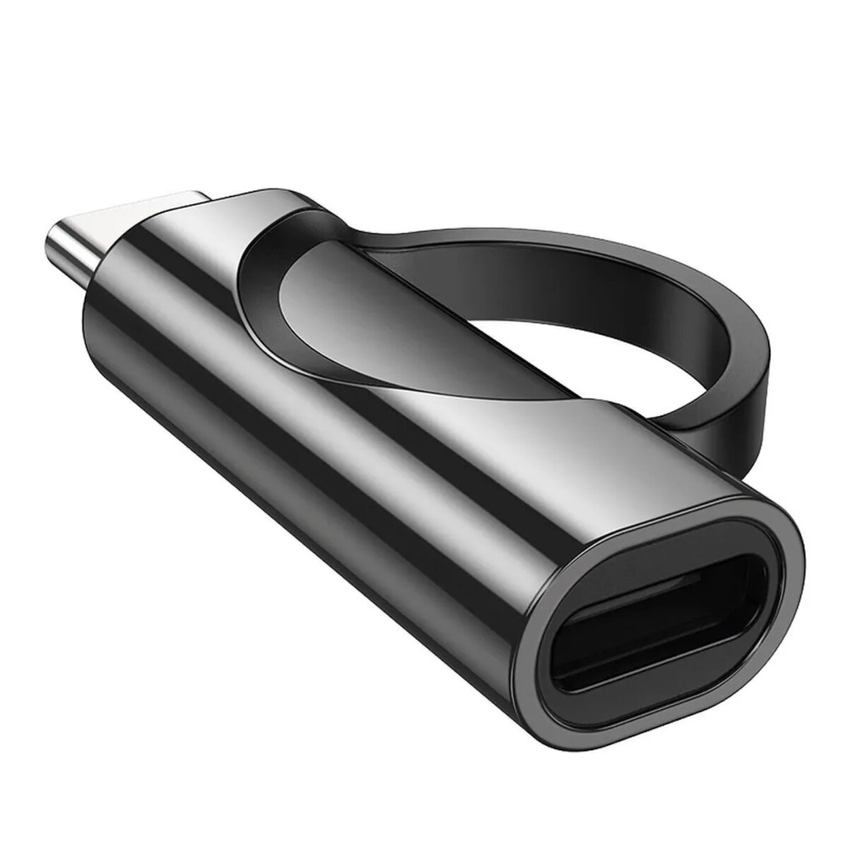 Schwarzer USB-C-Adapter mit Schlaufe, digitale Anzeige zeigt die Leistung in Watt.