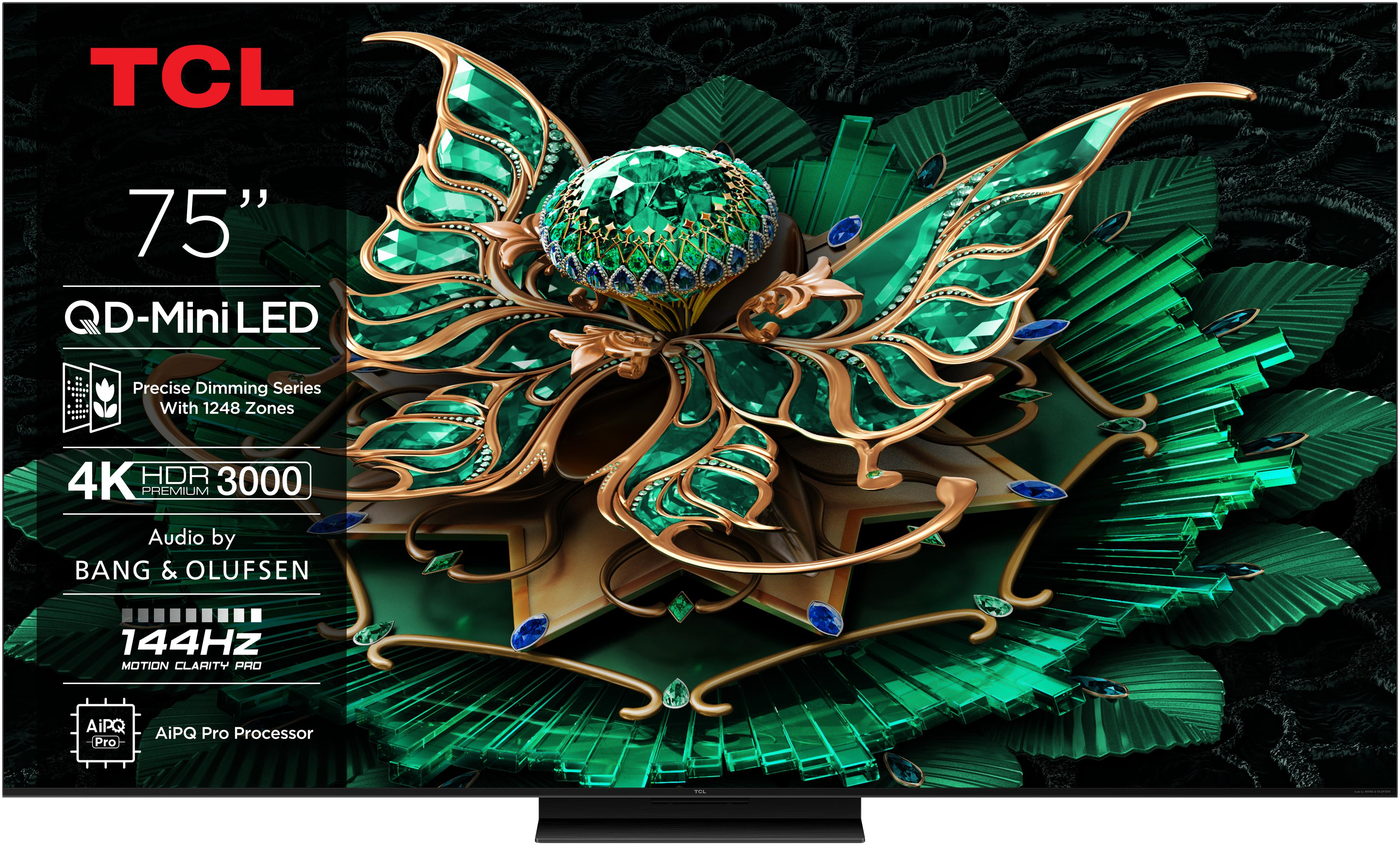 75-calowy telewizor TCL z kwiatowym wyświetlaczem. Zawiera markę i funkcje: 4K HDR, Bang & Olufsen, A1PQ Pro.
