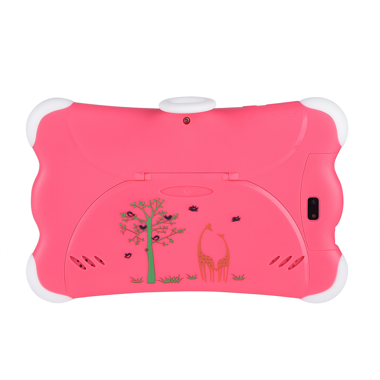 Rosa Tablet mit Cartoon-Design auf der Rückseite, zeigt einen Baum und Giraffen.