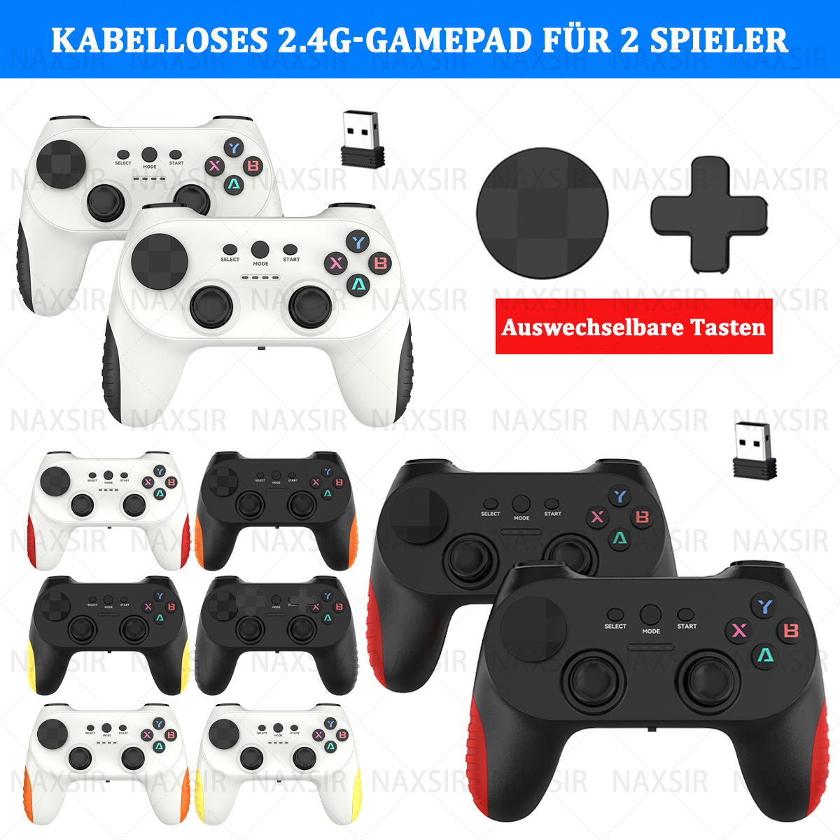 Controller di gioco in vari colori con pulsanti intercambiabili e ricevitore USB.