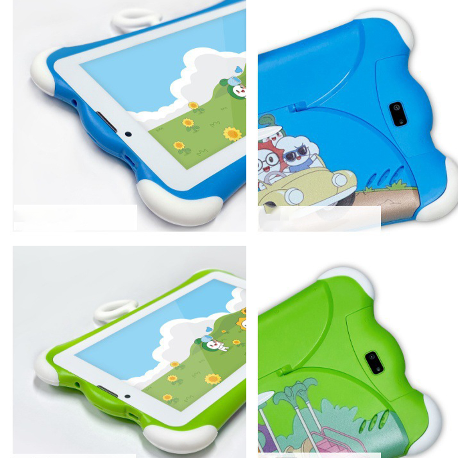 Vier bunte Tablets, zwei blaue und zwei grüne, mit Cartoon-Bildern auf dem Bildschirm.