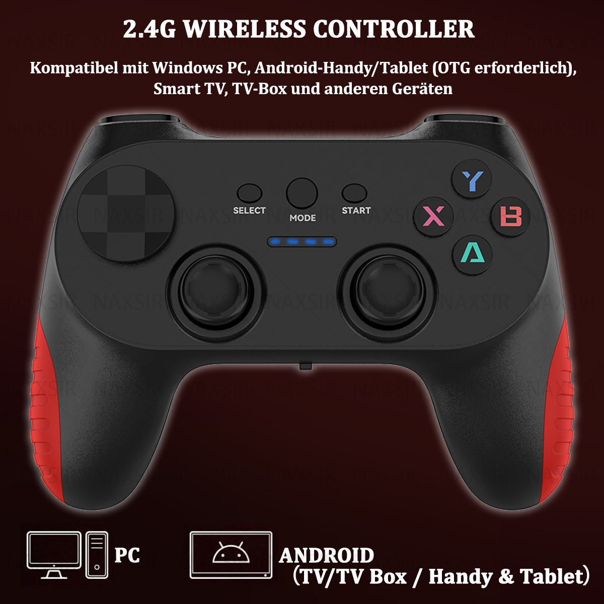 Controller wireless nero con impugnature rosse. Tasti: X, Y, A, B, ecc. Supporta PC, Android TV/tablet.