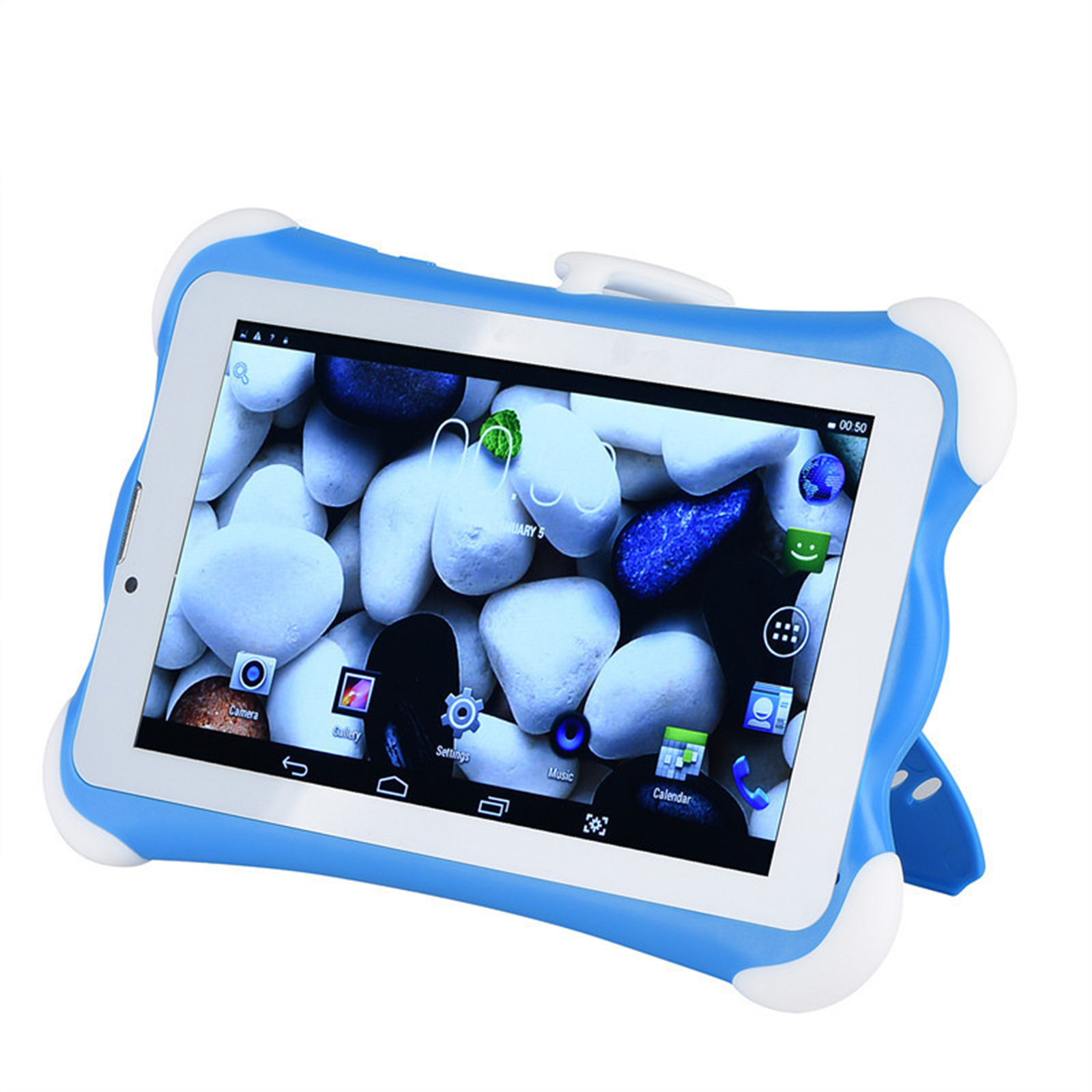 Ein blau-weißes Tablet mit Schutzhülle auf weißem Grund, das App-Symbole anzeigt.