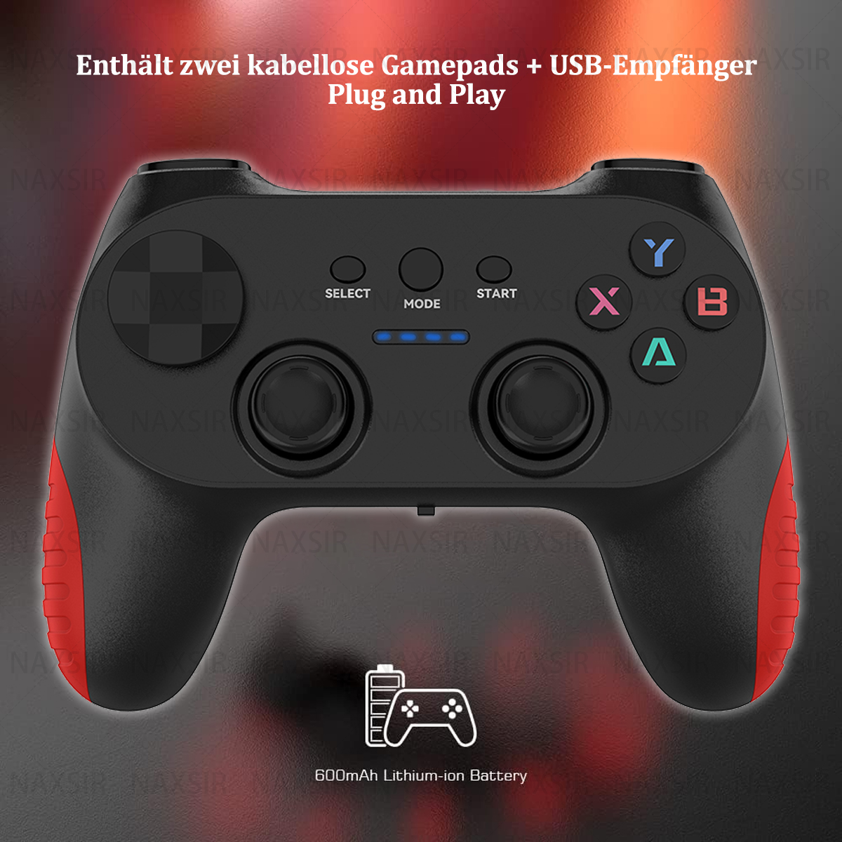 Controller di gioco nero e rosso con pulsanti e joystick. L'immagine include i dettagli della batteria.