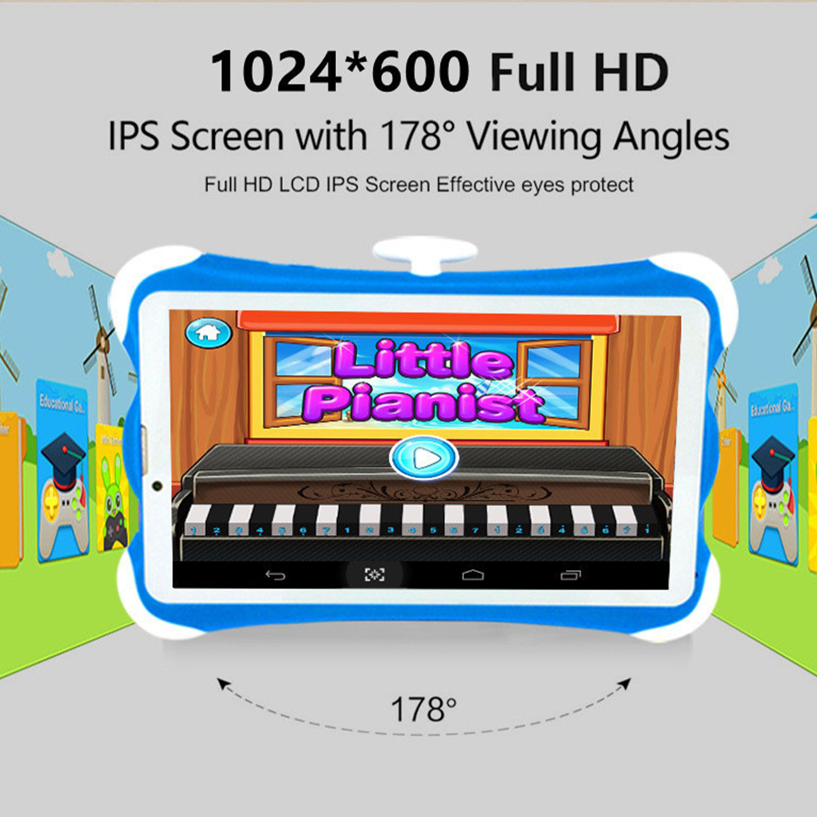 Ein Tablet zeigt die Little Pianist App mit einer Klavieroberfläche und bunter Umgebung.