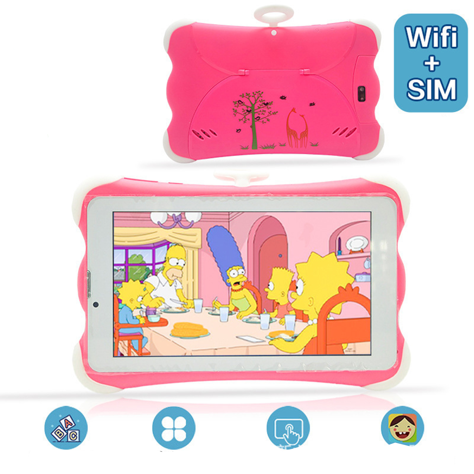 Rosa Tablet mit Simpsons auf dem Bildschirm, umgeben von Symbolen und Wifi/Sim.