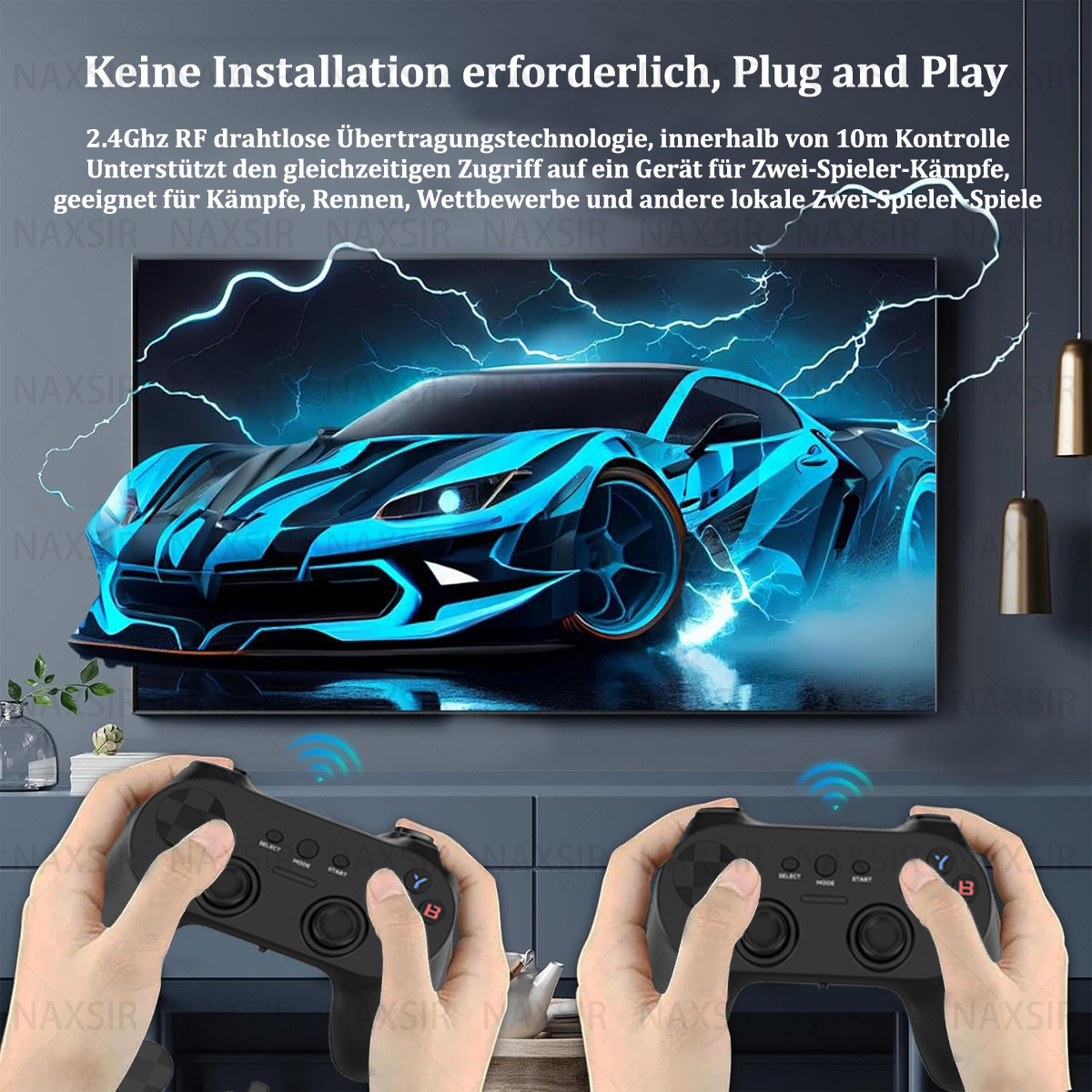 Uno schermo TV che mostra un gioco di corse automobilistiche, con due controller di gioco neri in primo piano.