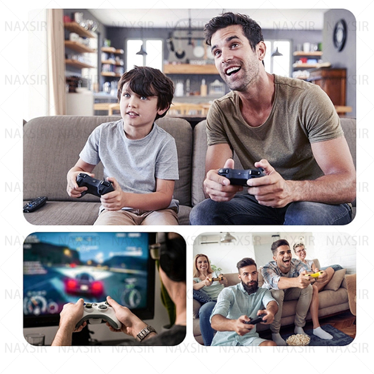 Persone che giocano ai videogiochi: padre e figlio e un gruppo di amici, tutti con i controller.