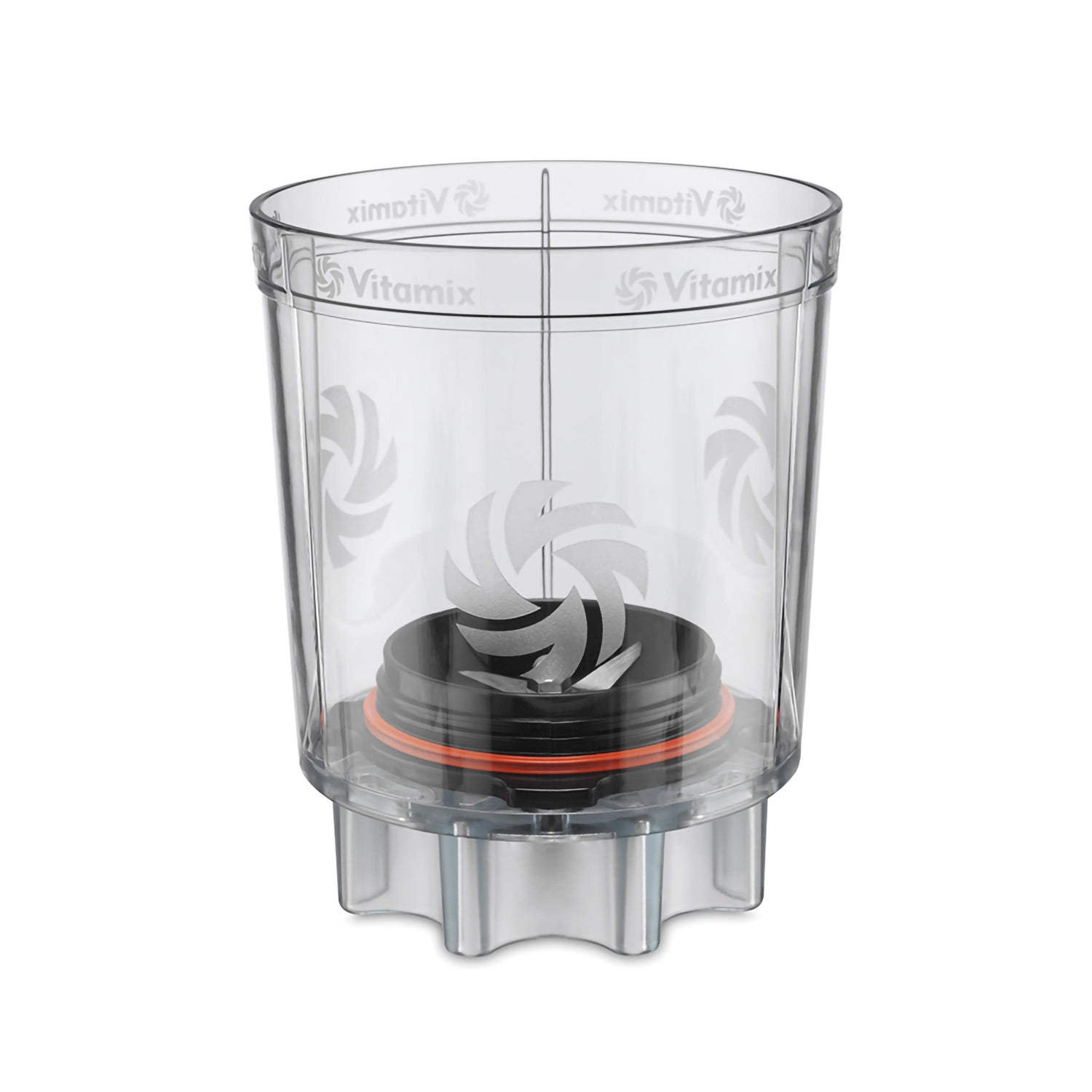 Durchsichtiger Vitamix-Behälter mit schwarzem Boden, orangefarbenem Ring und silbernen Klingen. Das Logo ist sichtbar.