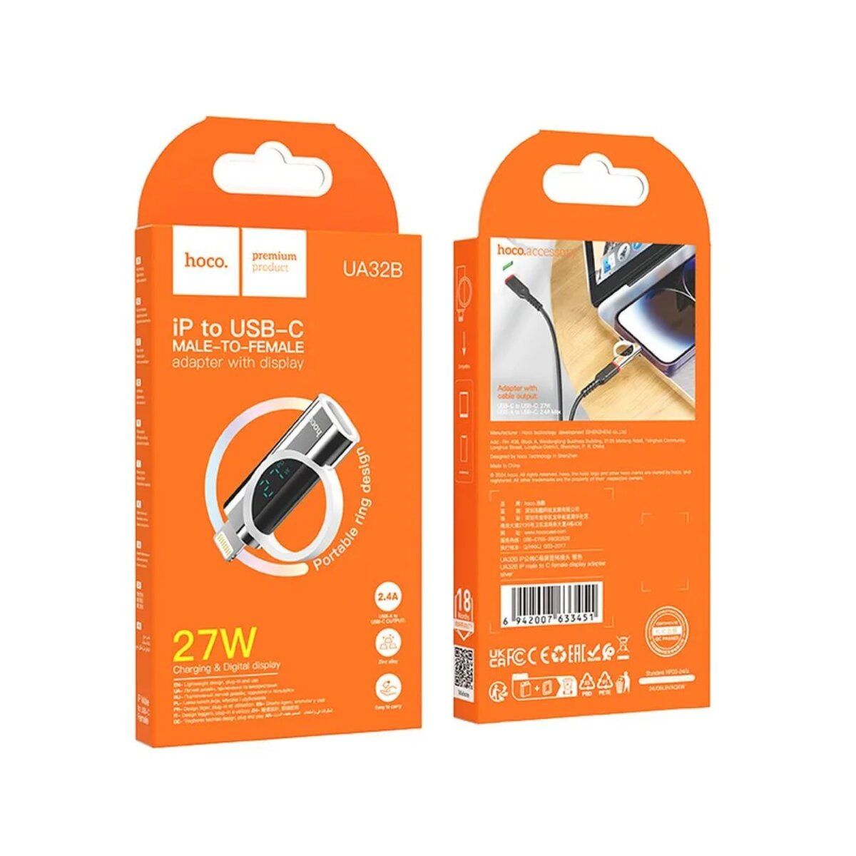 Schachtel mit USB-C-Adapter, orange, und Produktdetails.