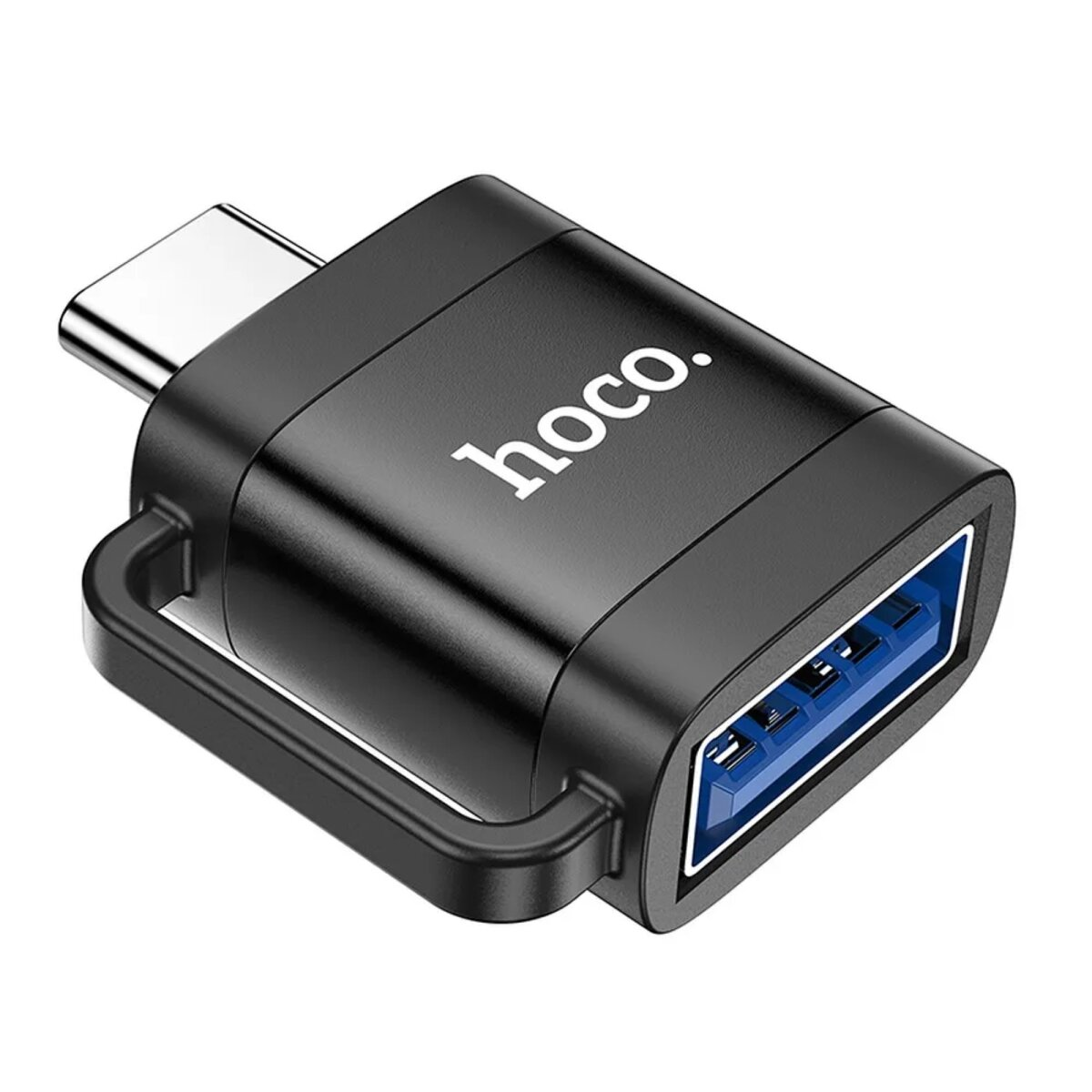 Ein schwarzer hoco-Adapter mit einem USB-C-Anschluss und einem USB-3.0-Anschluss, mit einem schwarzen Schlaufengriff.