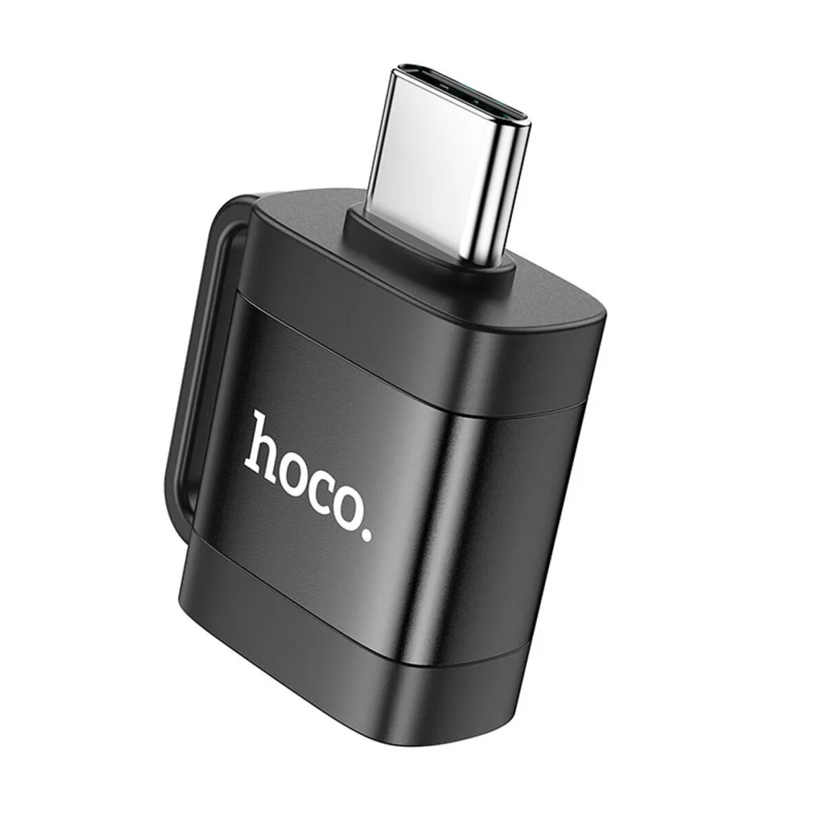 Ein schwarzer hoco-Adapter mit einem USB-C-Anschluss und einem USB-C-Anschluss, mit einem schwarzen Schlaufengriff.