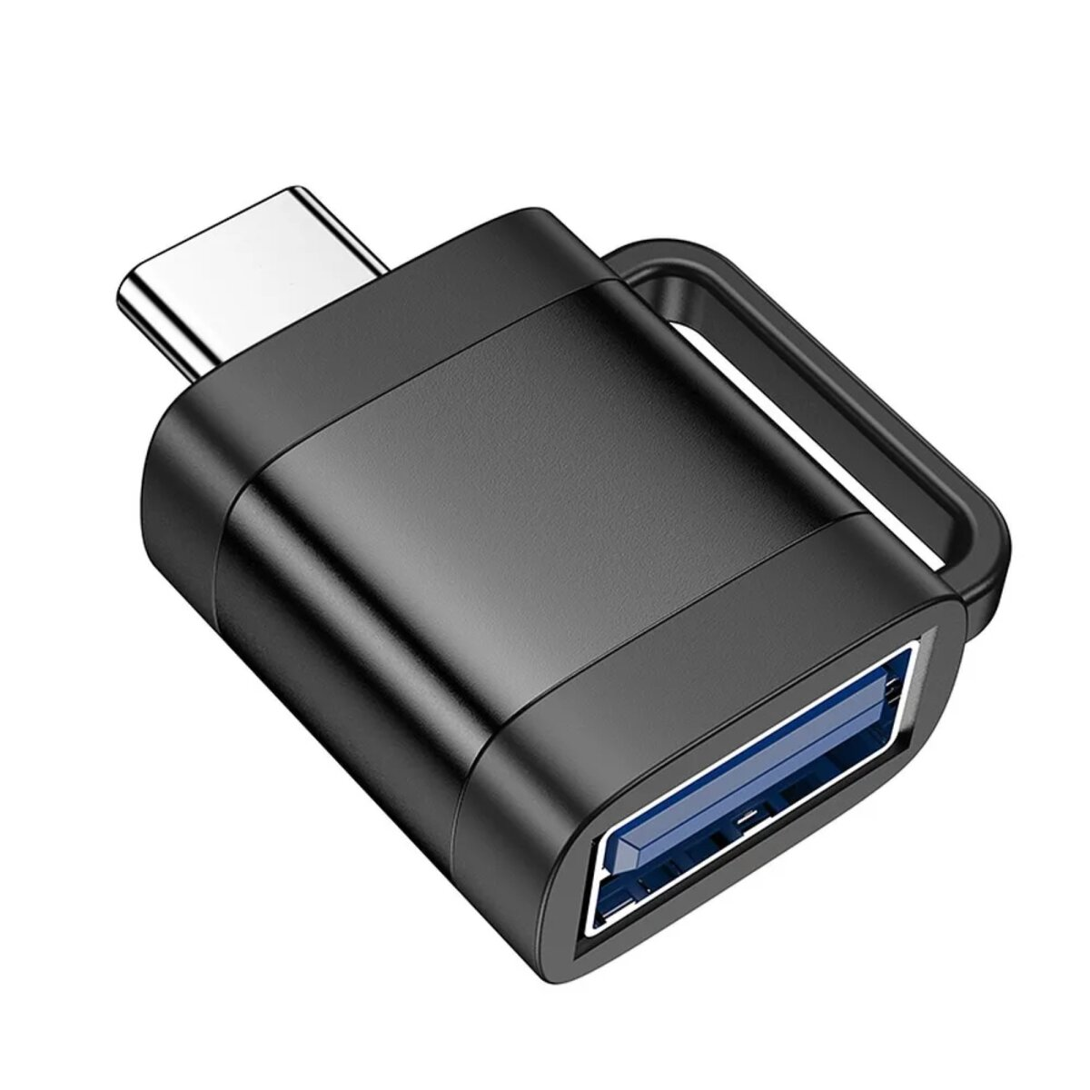 Schwarzer USB-C-zu-USB-A-Adapter mit Schlaufe. Das Gerät befindet sich auf weißem Hintergrund.