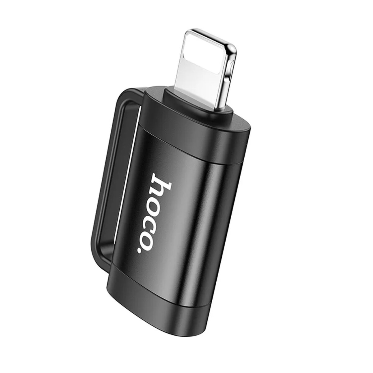 Ein schwarzer hoco-Adapter mit einem Lightning-Anschluss und einem USB-C-Anschluss sowie einem schwarzen Schlaufengriff.