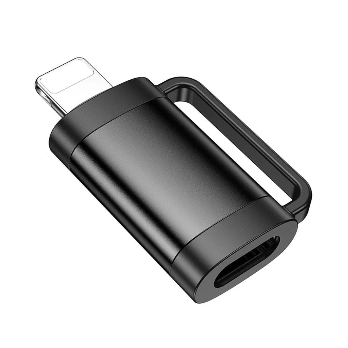 Schwarzer Lightning-zu-USB-C-Adapter mit Schlaufe. Gerät auf weißem Hintergrund.