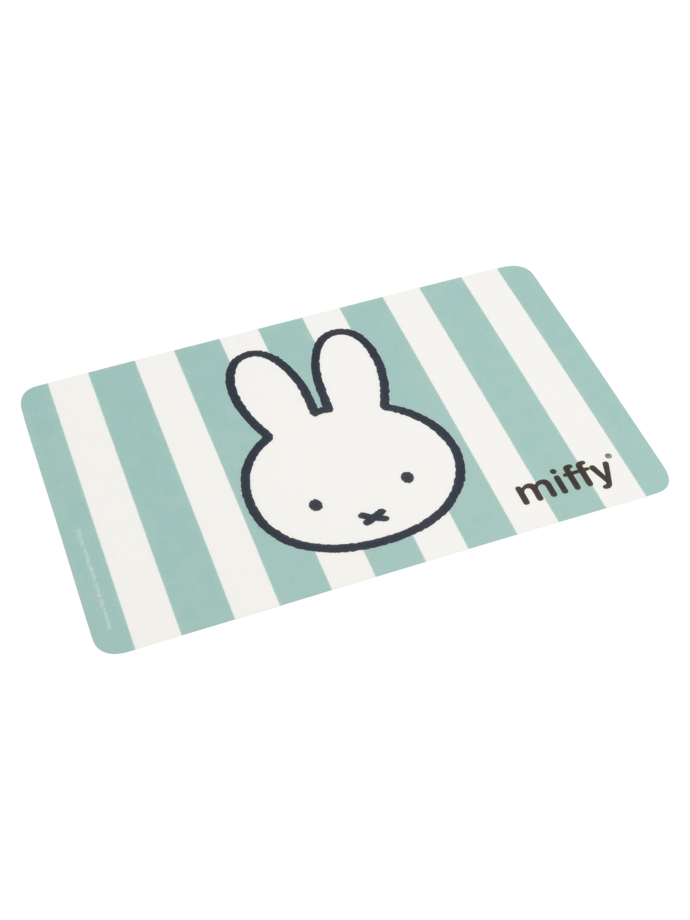 Miffy-Kaninchen auf einer angewinkelten, blaugrünen und weiß gestreiften Matte. Das Wort Miffy steht unten rechts.