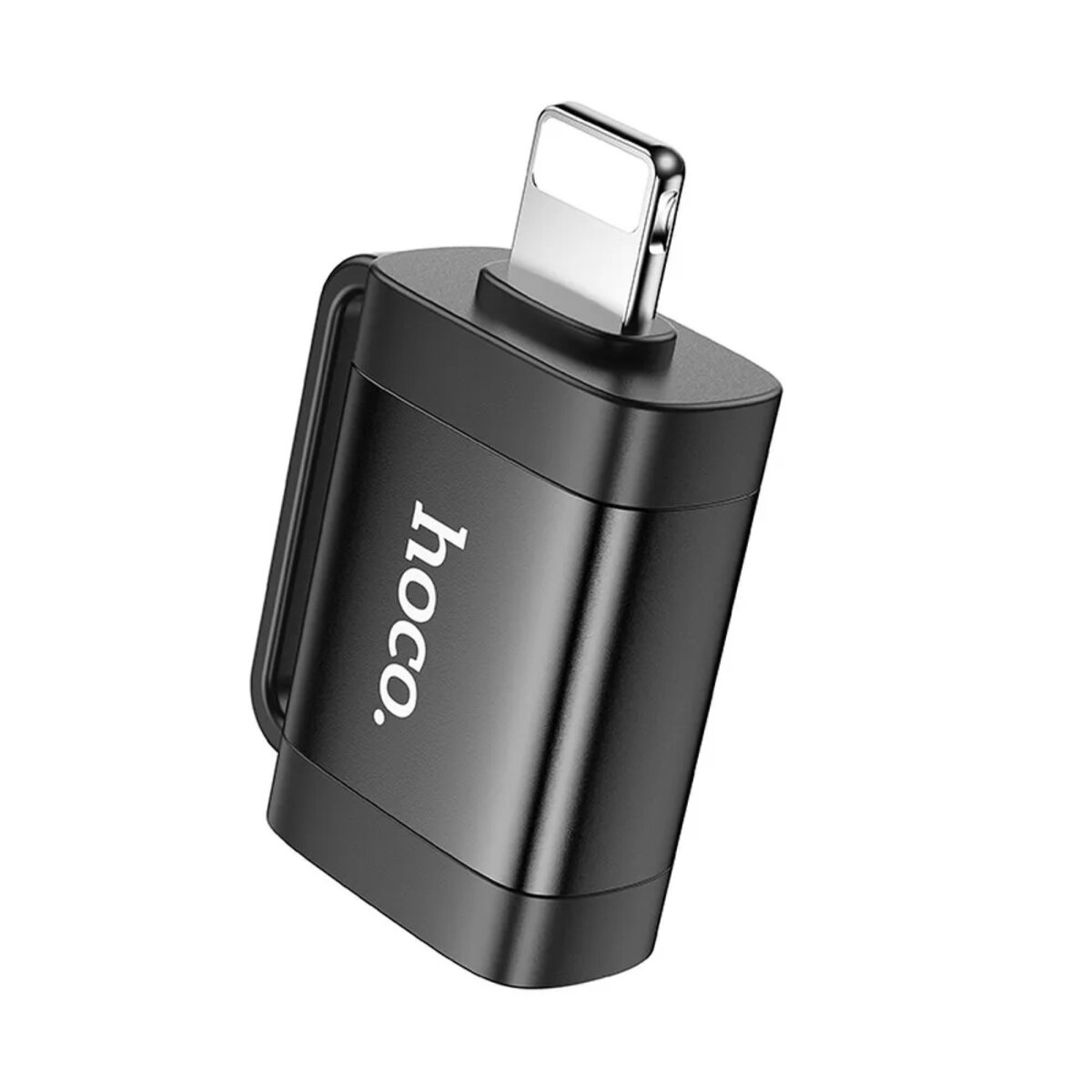 Schwarzer Lightning-zu-USB-Adapter mit Griff und dem Wort 'hoco.' darauf gedruckt.