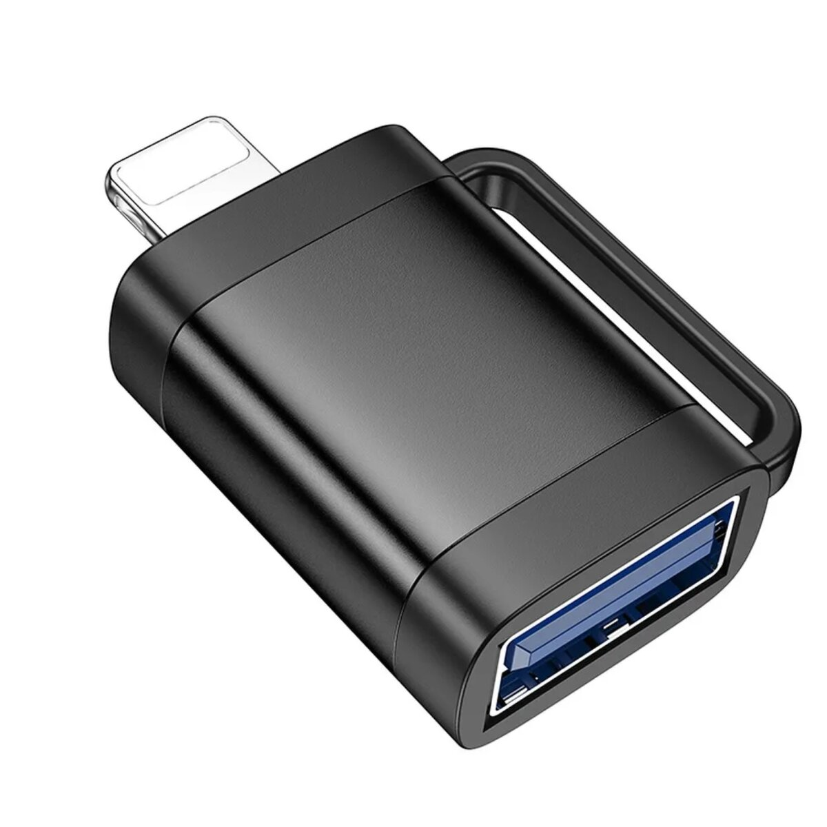 Schwarzer Lightning-zu-USB-Adapter mit Griff und dem Wort 'hoco.' darauf gedruckt.