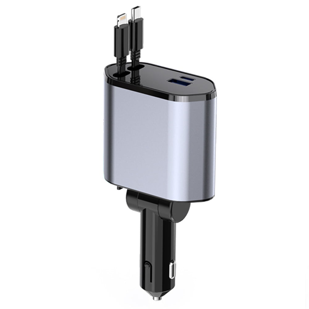 Silber-schwarzes Autoladegerät mit zwei USB-Kabeln und Spannungsanzeige, isoliert auf Weiß.