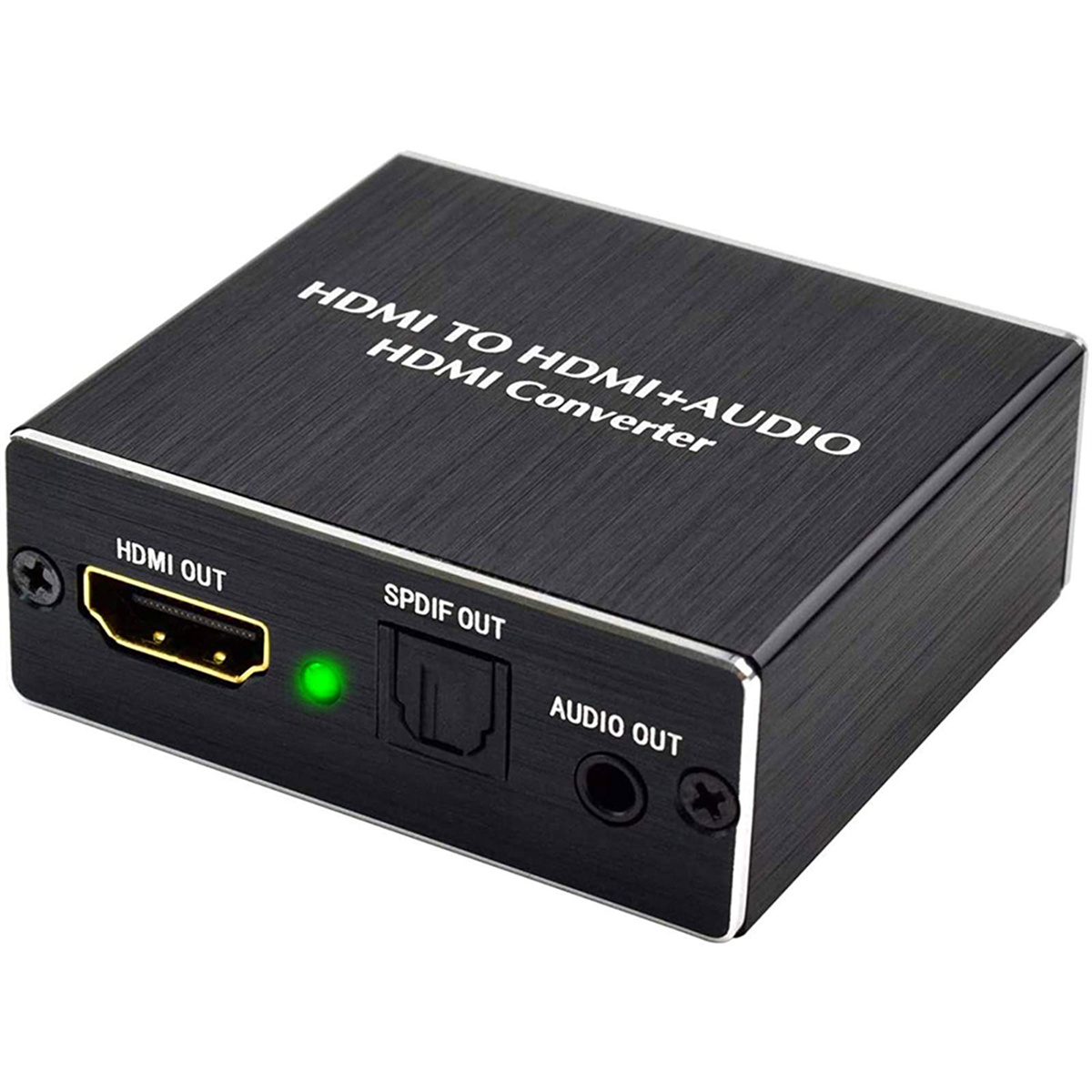 Schwarze HDMI-Konverterbox mit den Anschlüssen HDMI IN, HDMI OUT, SPDIF OUT, AUDIO OUT.
