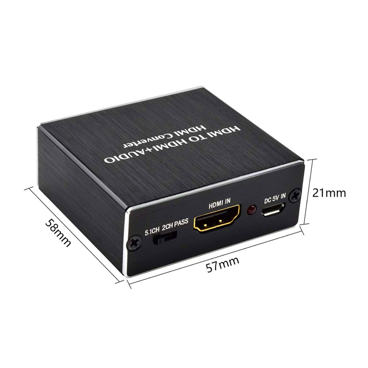 Schwarze HDMI-Konverterbox mit Abmessungen: 58 mm x 57 mm x 21 mm. Anschlüsse an der Seite.
