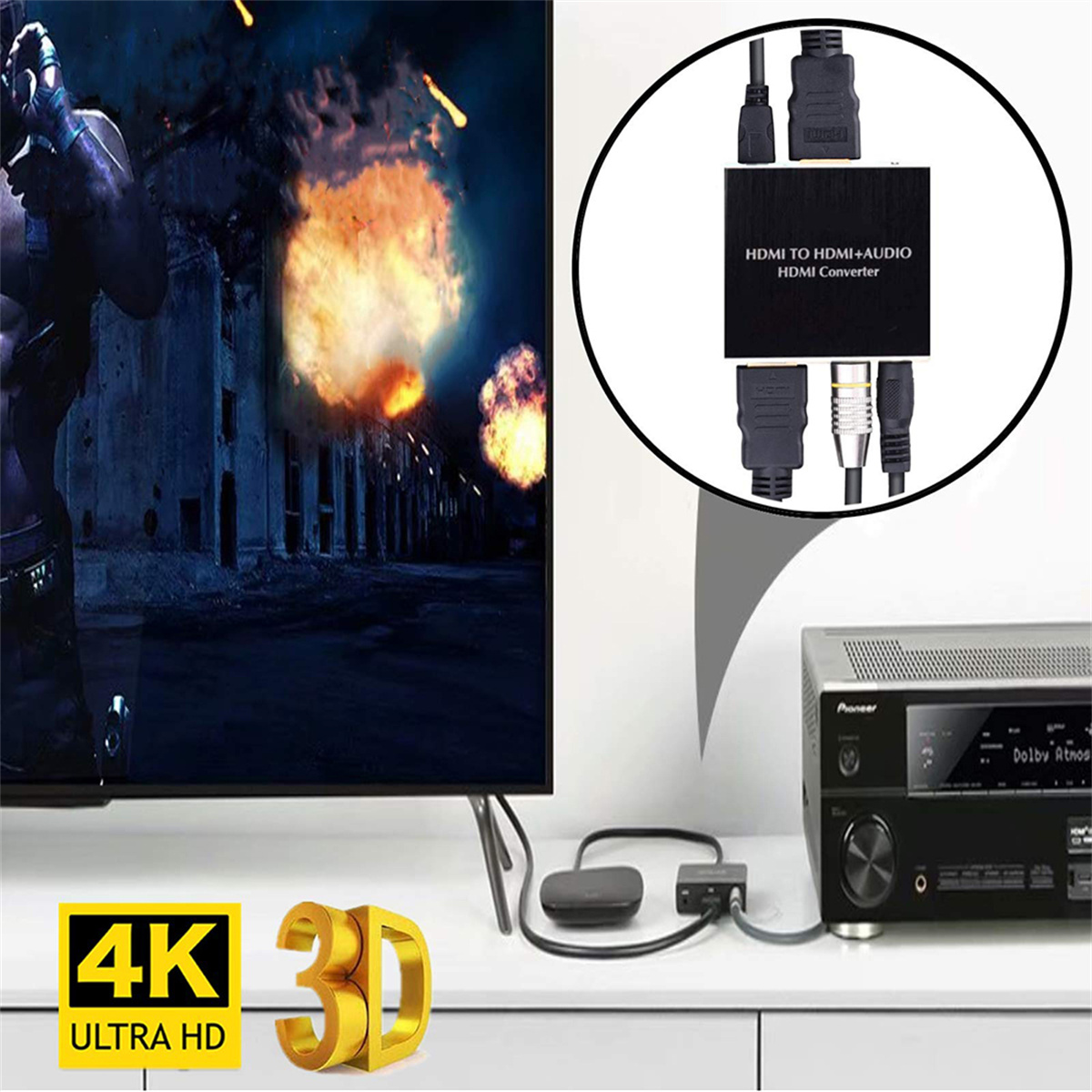 Das Bild zeigt einen Fernsehbildschirm mit 4K ULTRA HD, 3D-Zeichen, verbundene Geräte und Kabel.
