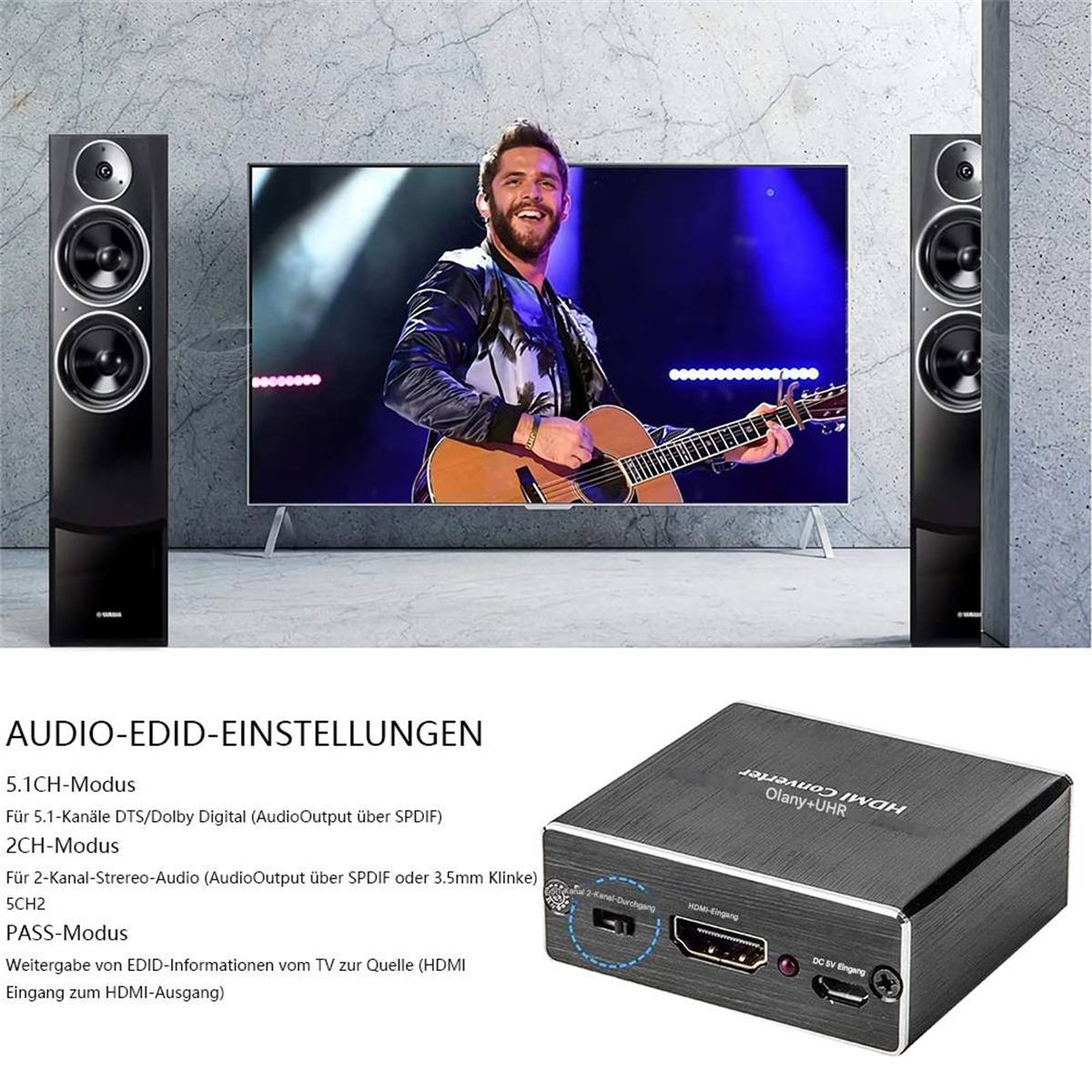 Das Bild zeigt einen Mann, der Gitarre spielt, auf einem Fernsehbildschirm, Lautsprechern und einen HDMI-Konverter.