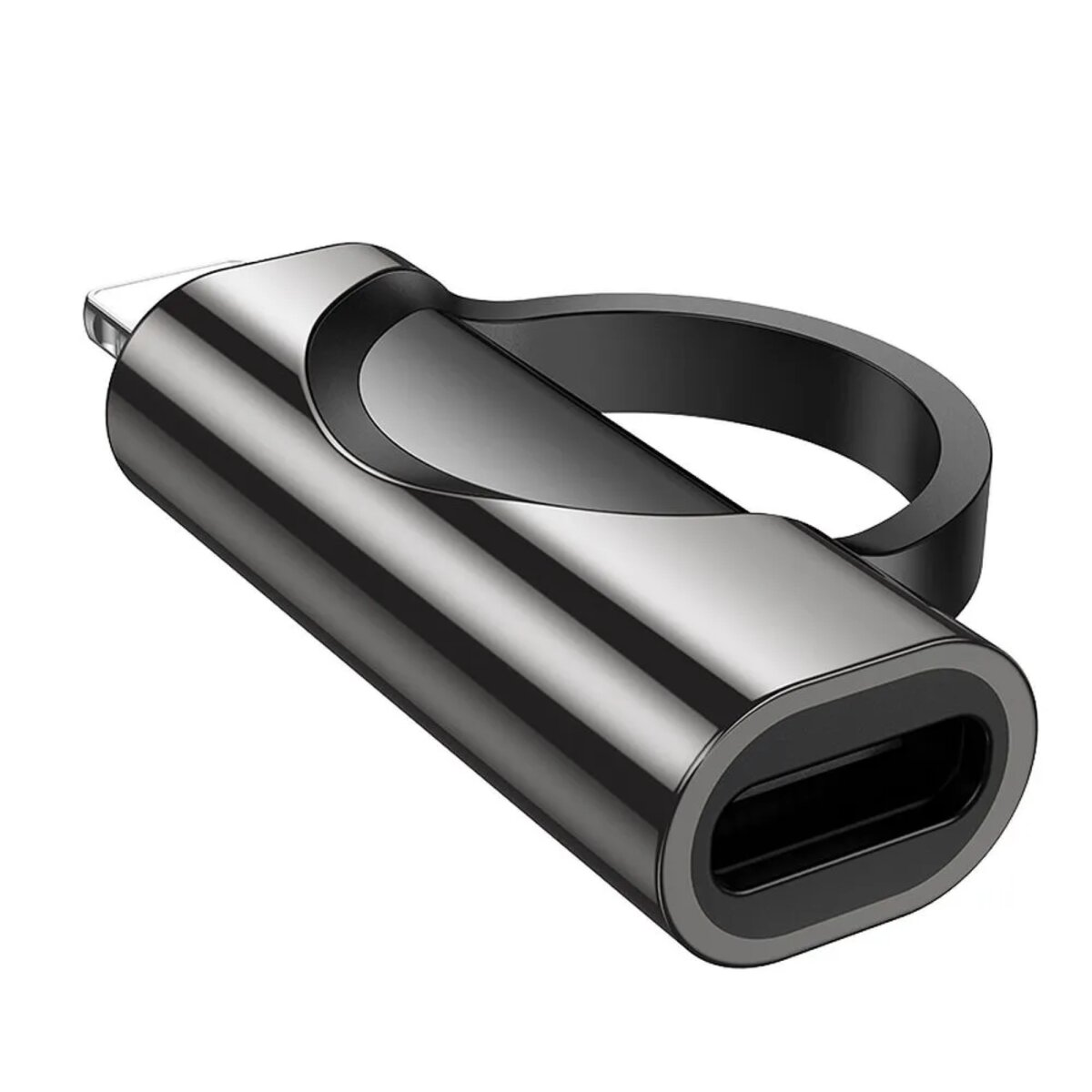 Das Bild zeigt einen metallisch grauen USB-C-zu-USB-Adapter mit schwarzem Griff.