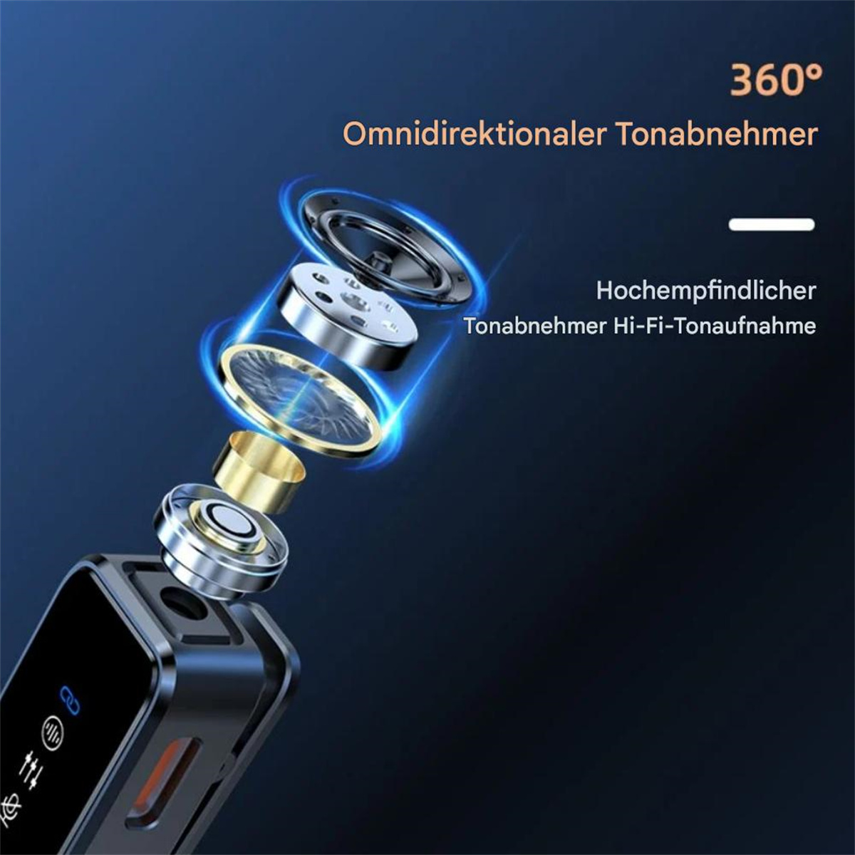 Das Bild zeigt eine detaillierte Ansicht einer Mikrofonkomponente mit 360° omnidirektionaler Audioaufnahme.