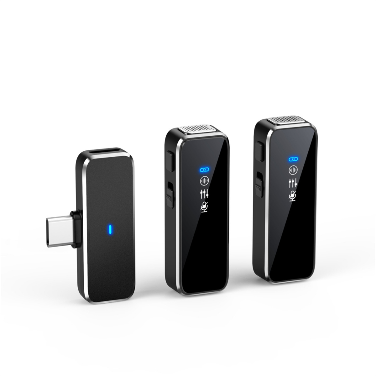 Drei schwarze drahtlose Mikrofone mit USB-C-Anschluss. Blaue Betriebsanzeigen leuchten.