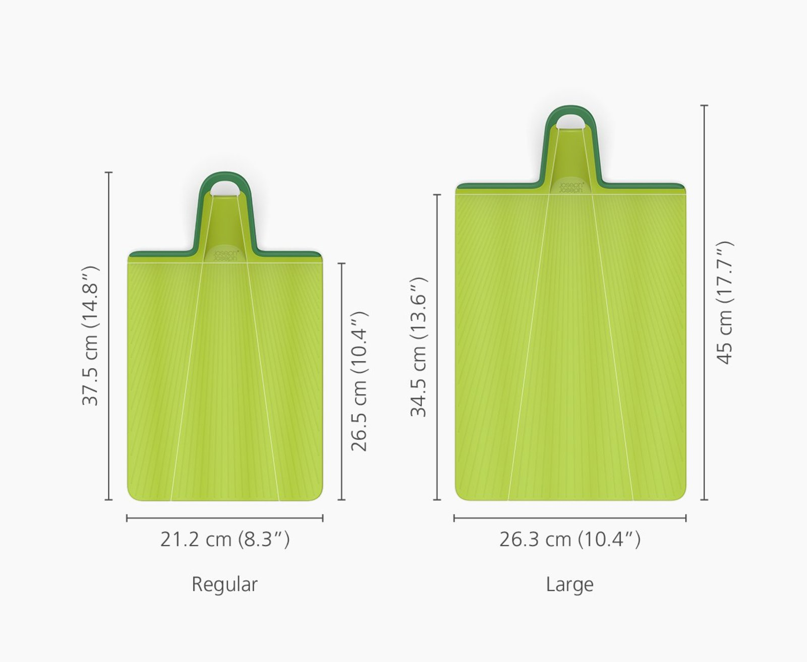 Dos tablas de cortar verdes, regular y grande, con dimensiones etiquetadas.