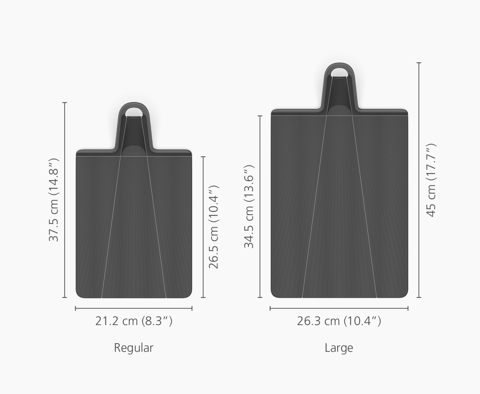 Dos tablas de cortar grises, regular y grande, con dimensiones etiquetadas.
