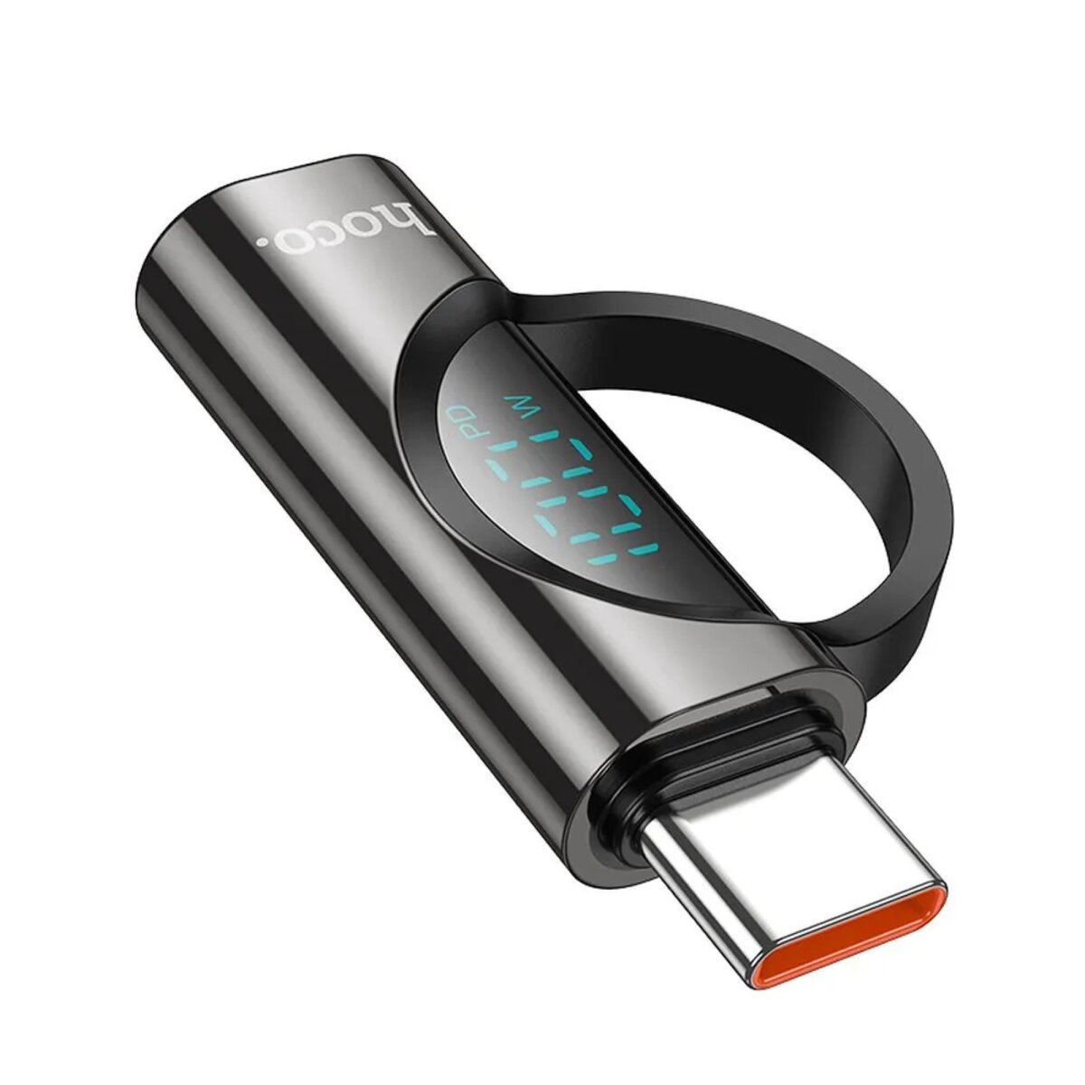 Ein schwarzer und silberner USB-C-Adapter mit Ladeanzeige und ringförmigem Design.