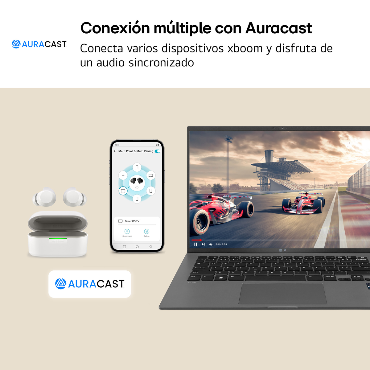 Smartphone und Ohrhörer mit Laptop, der eine Rennstrecke zeigt. Auracast-Branding ist sichtbar.