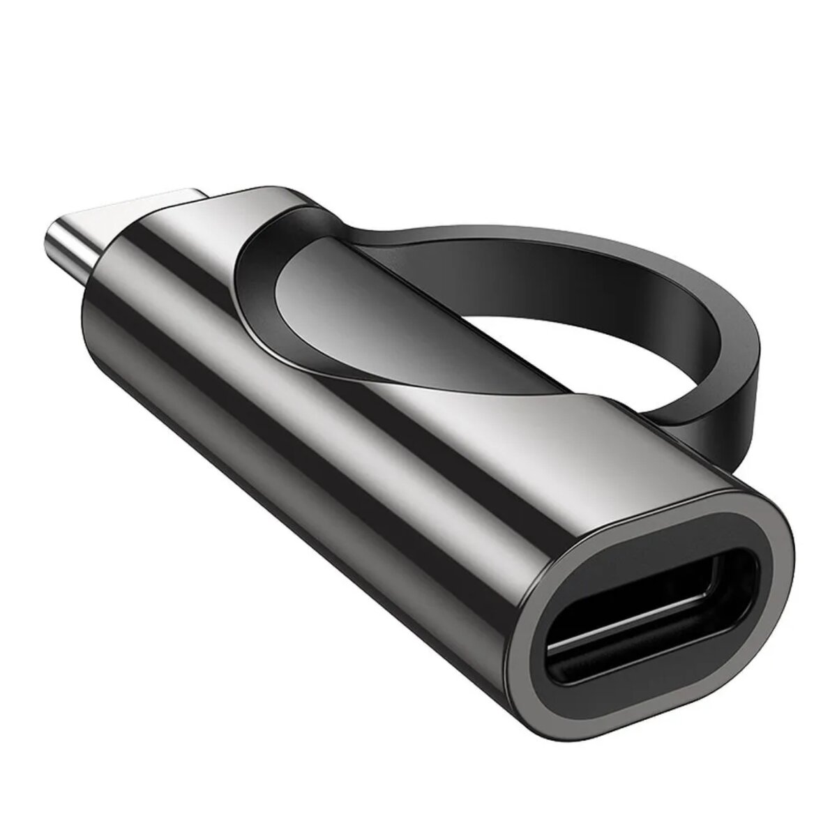 Ein schwarzer und silberner USB-C-Adapter mit USB-Anschluss und ringförmigem Design.