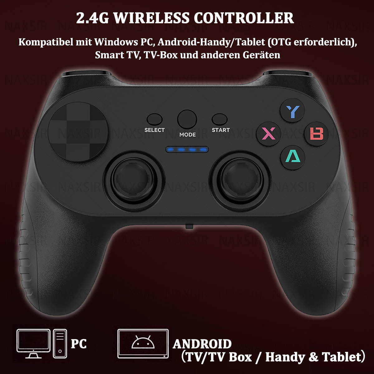 Un gamepad nero con pulsanti. Lo sfondo ha icone PC e Android. Il testo dice '2.4G Wireless Controller'.