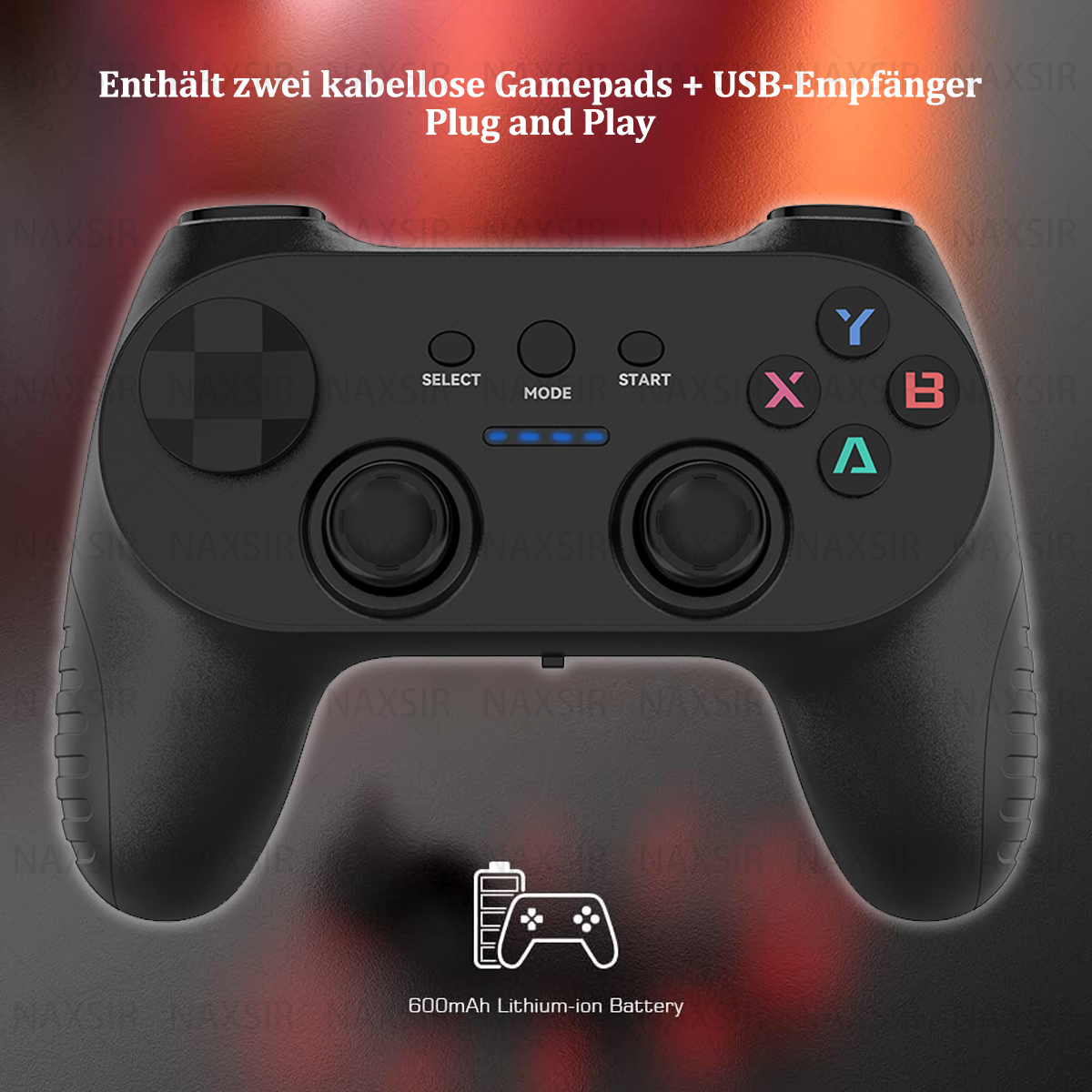 Un gamepad nero con pulsanti. Lo sfondo è rosso con la grafica di un controller di gioco.