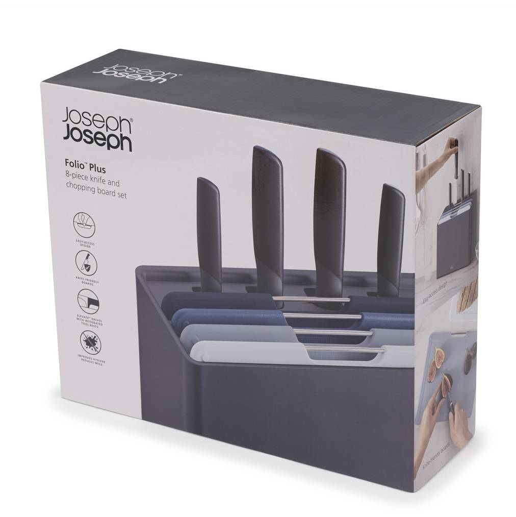 Karton von Joseph Joseph Folio Plus, Messer- und Schneidebrett-Set. Karton zeigt den Inhalt.