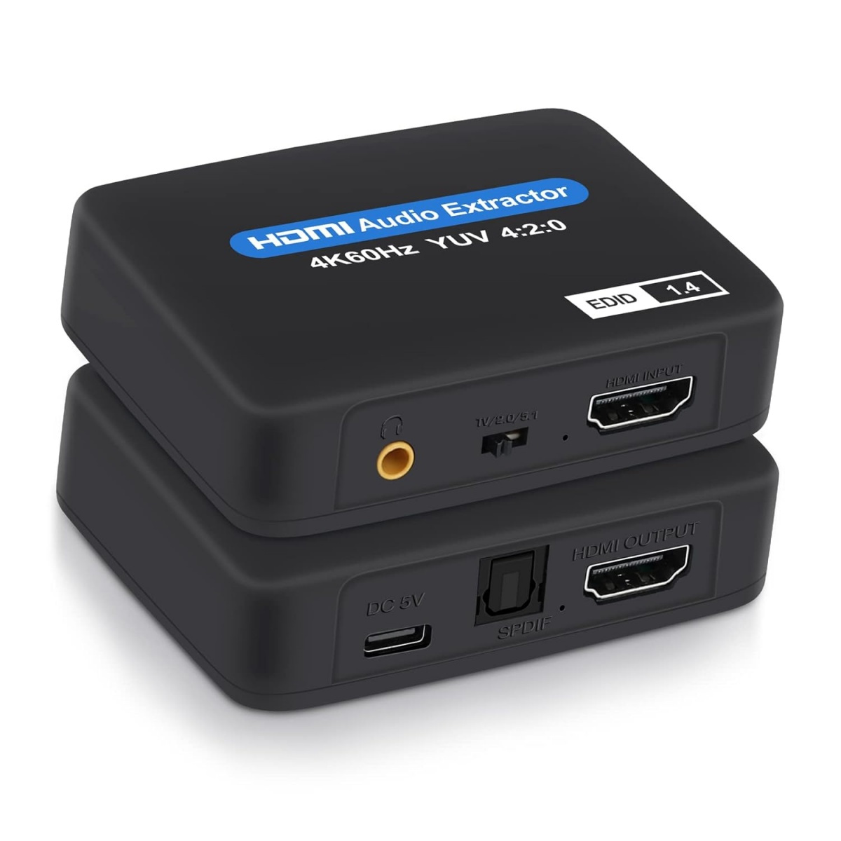 Zwei schwarze HDMI-Audio-Extraktoren, die übereinander gestapelt sind.