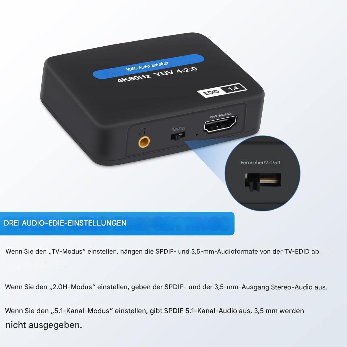 Schwarzer Audioextraktor mit blauem Etikett und Anschlüssen. Er hat einen goldenen Klinkeneingang und einen HDMI-Eingang.