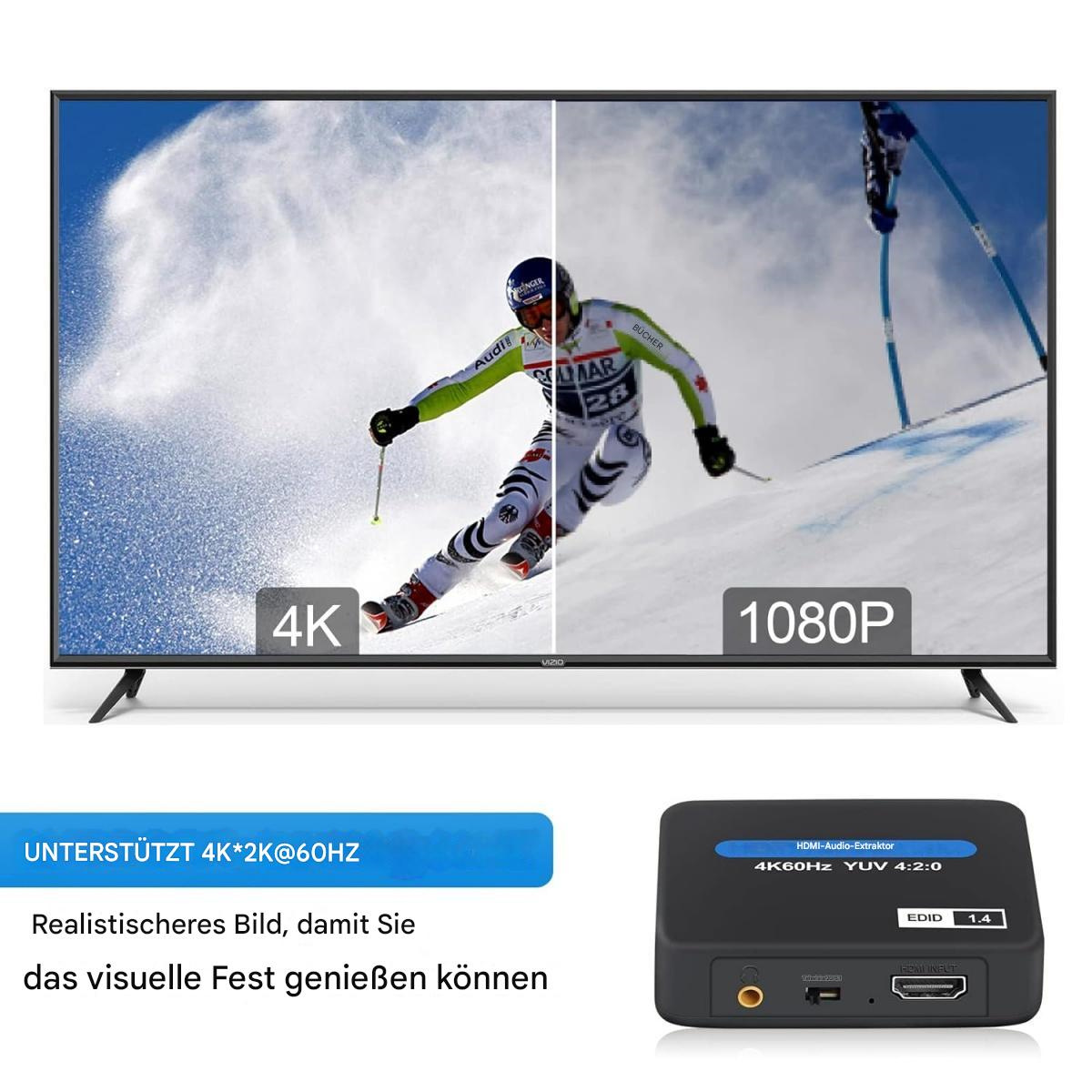 Ein Fernsehbildschirm, der eine Skiszene zeigt, mit einem 4K- und 1080p-Vergleich. Ein HDMI-Extraktor befindet sich darunter.